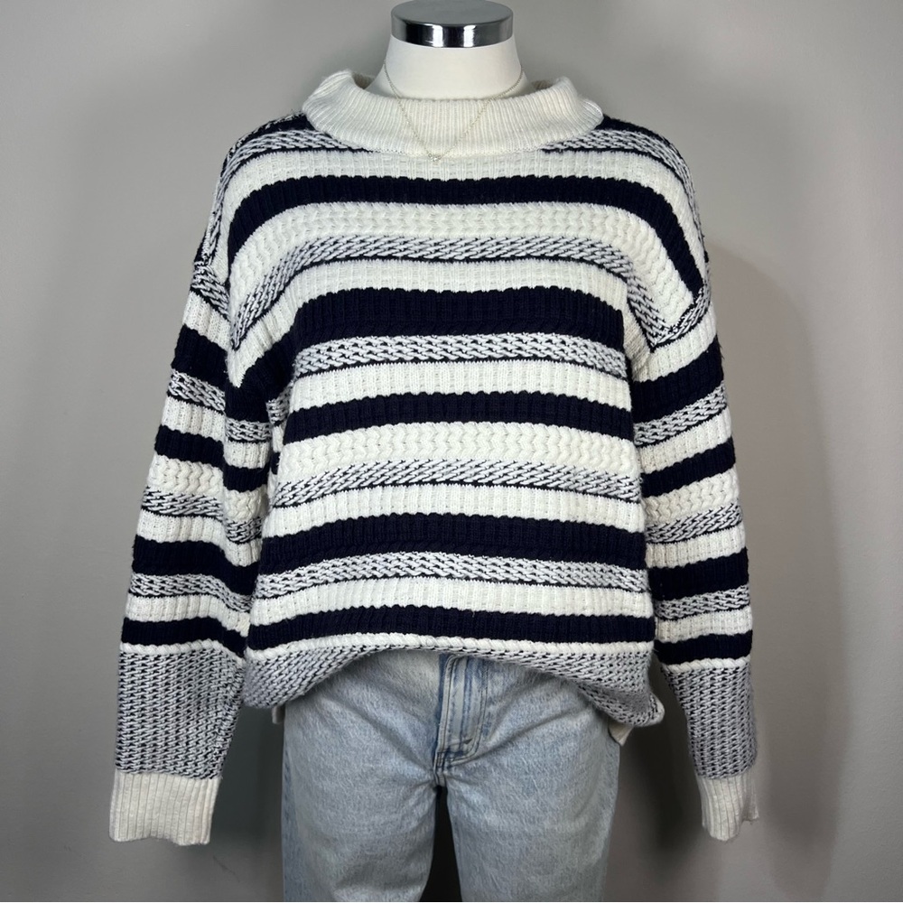 Ann Taylor Crochet Knit Women's Mock Neck Chunky Cozy Sweater Striped Size M